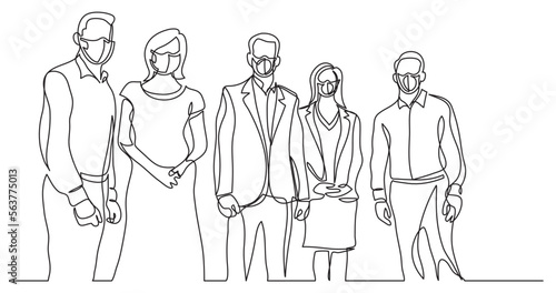 continuous line drawing vector illustration with FULLY EDITABLE STROKE - people tam standing looking wearing face mask
