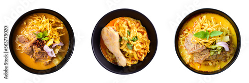 Northern Thai food (Khao Soi), Spicy curry noodles soup with chicken and beef collection on transparent png