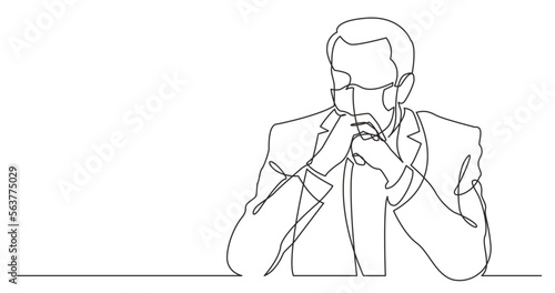 continuous line drawing vector illustration with FULLY EDITABLE STROKE - seriously thinking man wearing face mask