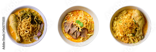 Northern Thai food (Khao Soi), Spicy curry noodles soup with chicken and beef collection on transparent png photo