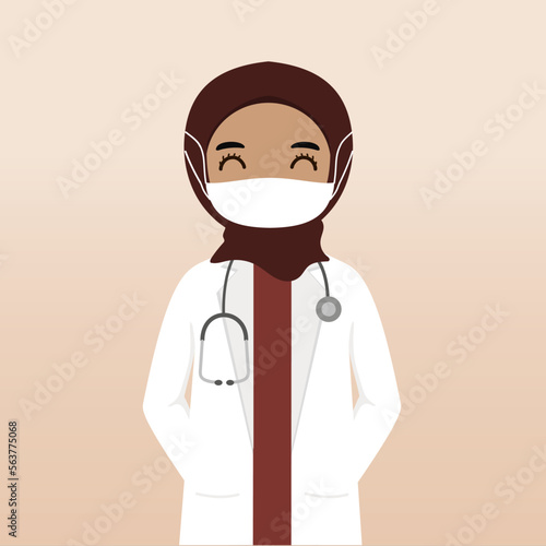 Front view muslim hijab doctor character. Doctor character creation with views, face emotion, pose, gesture and mask. Cartoon style, flat vector illustration. Female doctor with mask