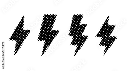 Halftone lightning bolt set. Black grunge thunderbolt collection. Textured flash symbols. Comic lightning strike signs. Vector 