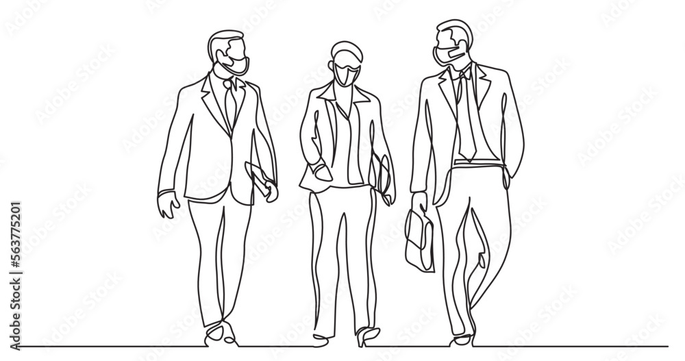 continuous line drawing vector illustration with FULLY EDITABLE STROKE - three business execitives walking together wearing face mask continuous line drawing vector illustration with FULLY EDITABLE STROKE - three business execitives walking together wearing face mask