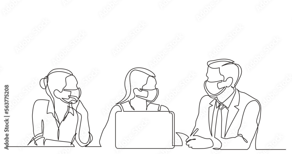 continuous line drawing vector illustration with FULLY EDITABLE STROKE - three employees talking wearing face mask