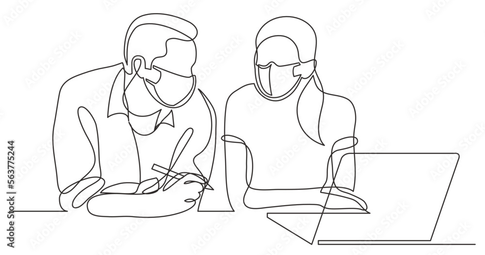 continuous line drawing vector illustration with FULLY EDITABLE STROKE - two coworkers talking wearing face mask