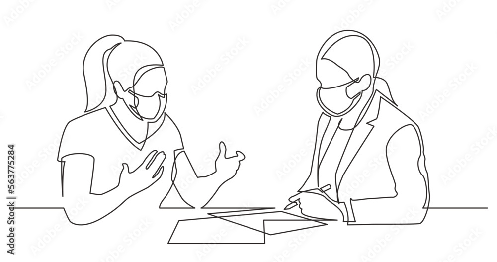 continuous line drawing vector illustration with FULLY EDITABLE STROKE - two weneb discussing signing paperworks wearing face mask continuous line drawing vector illustration with FULLY EDITABLE STROKE - two weneb discussing signing paperworks wearing face mask