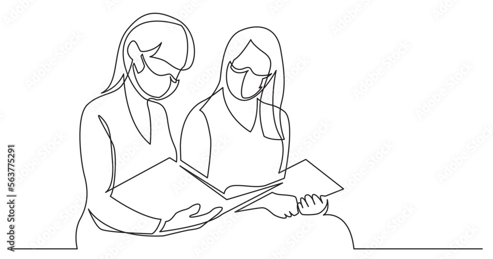 continuous line drawing vector illustration with FULLY EDITABLE STROKE - two young women reading book wearing face mask continuous line drawing vector illustration with FULLY EDITABLE STROKE - two young women reading book wearing face mask