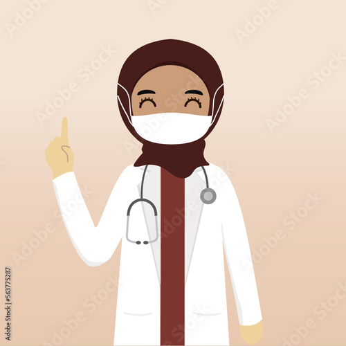 Front view muslim hijab doctor character. Doctor character creation with views, face emotion, pose, gesture and mask. Cartoon style, flat vector illustration. Female doctor with mask