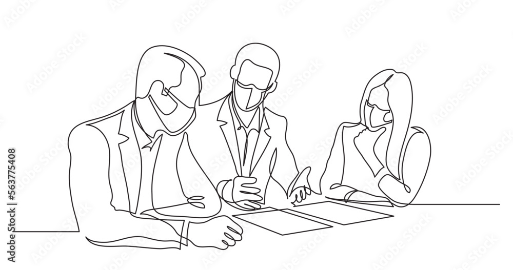 continuous line drawing vector illustration with FULLY EDITABLE STROKE of business partners discussing details of work contract wearing face mask continuous line drawing vector illustration with FULLY EDITABLE STROKE of business partners discussing details of work contract wearing face mask