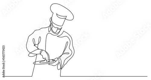 continuous line drawing vector illustration with FULLY EDITABLE STROKE of chef cooking gourmet meal wearing face mask