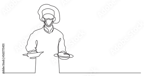continuous line drawing vector illustration with FULLY EDITABLE STROKE of chef holding two meals wearing face mask