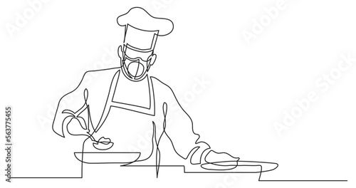 continuous line drawing vector illustration with FULLY EDITABLE STROKE of chef preparing food wearing face mask