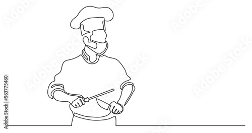 continuous line drawing vector illustration with FULLY EDITABLE STROKE of chef sharpening knife wearing face mask