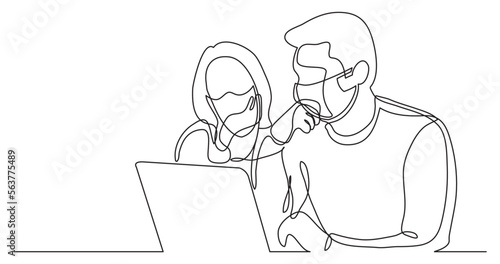 continuous line drawing vector illustration with FULLY EDITABLE STROKE of coworkers watching laptop together wearing face mask