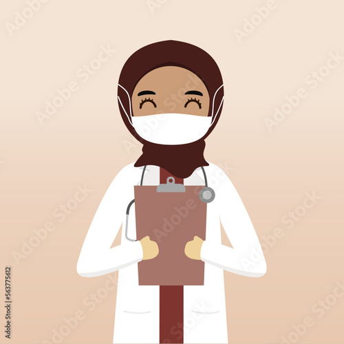 Front view muslim hijab doctor character. Doctor character creation with views, face emotion, pose, gesture and mask. Cartoon style, flat vector illustration. Female doctor with mask
