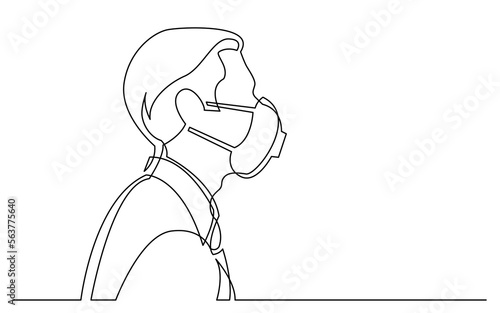 continuous line drawing vector illustration with FULLY EDITABLE STROKE of profile portrait of businessman smiling wearing face mask