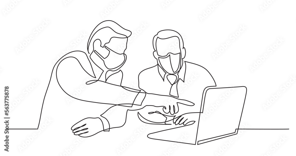 continuous line drawing vector illustration with FULLY EDITABLE STROKE of two business partners discussing presentation on laptop screen wearing face mask continuous line drawing vector illustration with FULLY EDITABLE STROKE of two business partners discussing presentation on laptop screen wearing face mask