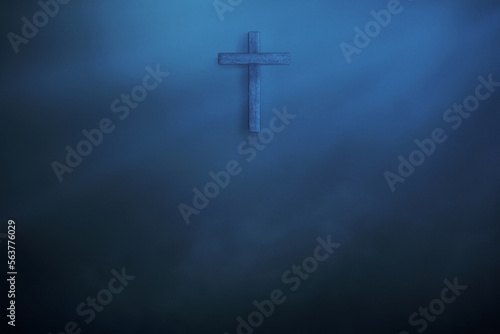 wood jesus cross, dark black blue horror night background, scary haunted thriller theme, good friday 