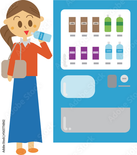 ダイエット中の水分補給のため自動販売機でミネラルウォーターを買って飲んでいる女性のイラスト・健康