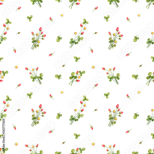 Wallpaper Mural Delicate, kilds style floral pattern with strawberry berries and flowers on a white background. Watercolor illustration background with flowers and berries. Torontodigital.ca