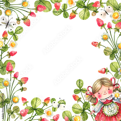 Watercolor, square frame with strawberries, flowers, cute cartoon style girl in rad dras. Watercolor illustration for cards, menus, invitations, banners.