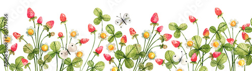 Horizontal seamless background with strawberry berries and flowers, butterflies in cartoon style. Watercolor illustration of spring berries and flowers.