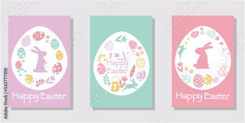 Set of Easter decoration frame. Happy easter template collection. Rabbits, eggs, flowers and leaves decoration pattern template for Easter event design. Vector illustration.