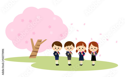 満開の桜と笑顔の新一年生の子供たち