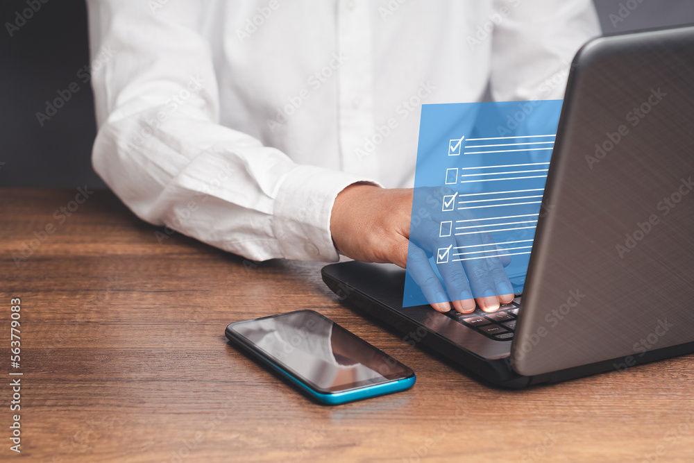 Checklist, task management, and filling out survey forms online on a virtual screen Checklist, task management, and filling out survey forms online on a virtual screen