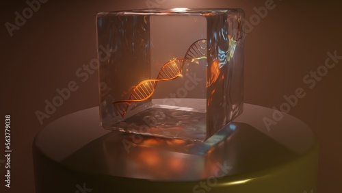 DNA preserved in ice. DNA molecule strand in transparent glass, ice container. DNA storage. Frozen DNA. 3d render illustration.