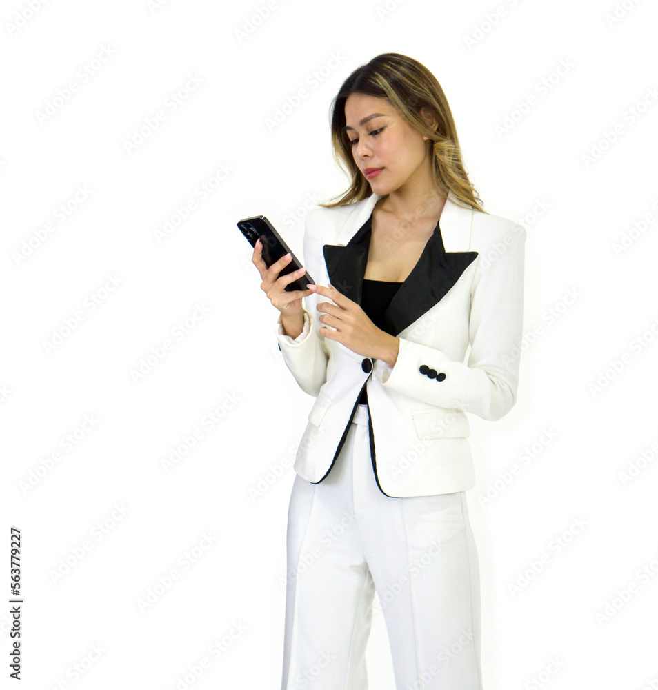 Young asian businesswoman in white suit reading text message on mobile phone. Portrait on white background with studio light. Young asian businesswoman in white suit reading text message on mobile phone. Portrait on white background with studio light.
