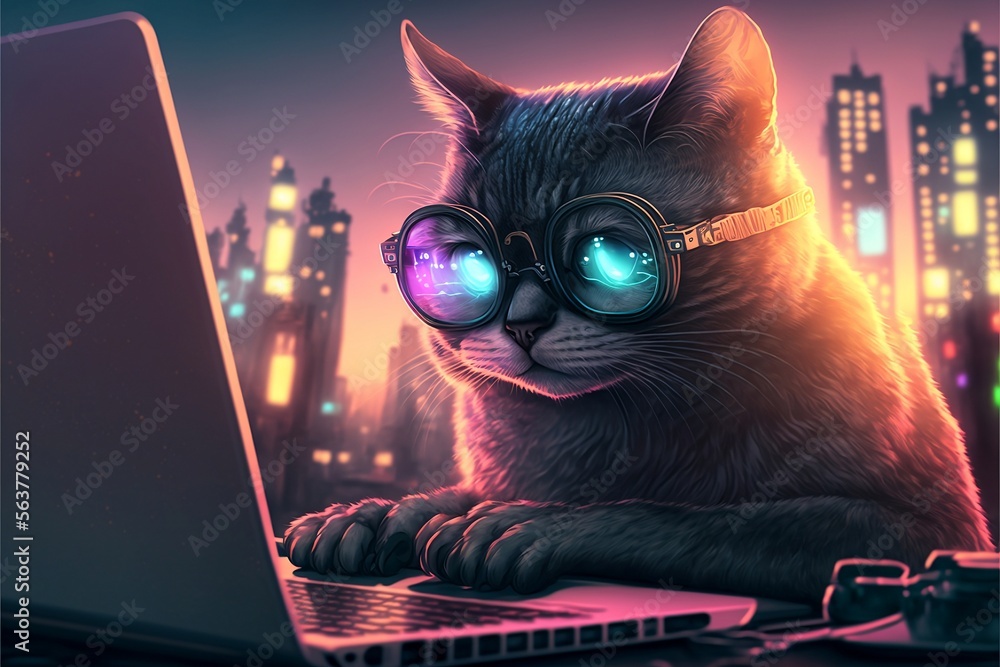 Abstract cat hacker working on laptop, Technology cyberpunk background,Cinematic,Generative ai - obrazy, fototapety, plakaty 
