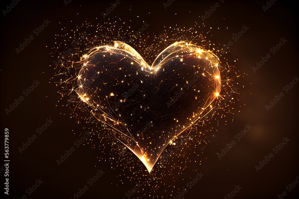 beautiful abstract effect sparkle overlay in heart shape, glow light in black background beautiful abstract effect sparkle overlay in heart shape, glow light in black background