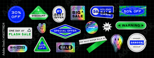 Holographic and colors sticker set. Shine metal badges of various shapes. Gradient sale and discount sticker Vector iridescent foil adhesive film, holography labels mockup and realistic holo textures.