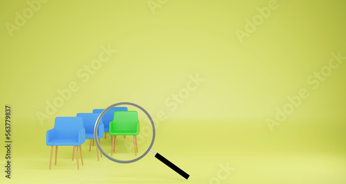 Human Resource Management,  Recruitment and Hiring concept. The green chair is in the group of blue chairs. Use a magnifying glass to locate employees, Job interviews, 3d render illustration.