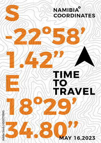 Travel poster of topographic line map. Vector line pattern of geographic map countour. Outline pattern of Namibia coordinates. Topography map background.