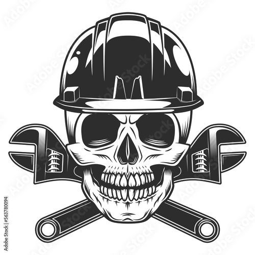 Builder skull in hard hat with crossed plumbing wrench from business new construction and remodeling house vintage style illustration