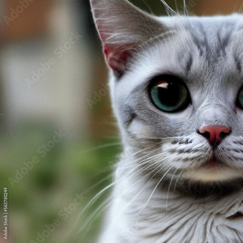 Portrait of a cute grey and white soft kitten with big blue eyes looking at you