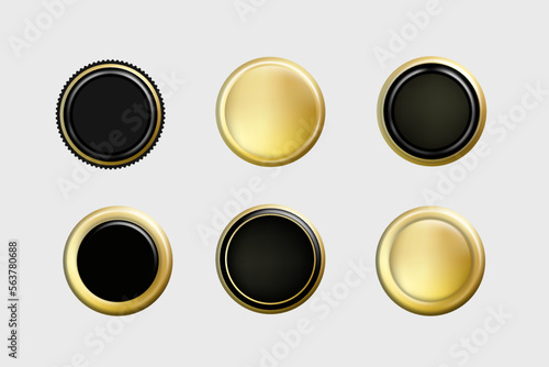 Circle seal premium stamp sticker, gold and black tag label, vector badge set.