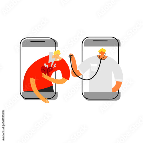Cartoon of physician are assessing a chest pain patient on telemedicine concepts.