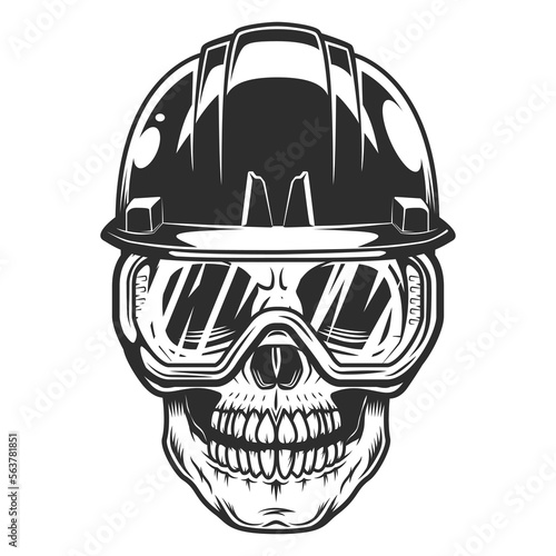 New construction builder skull in hard hat and safety glasses from business remodeling house vintage style illustration