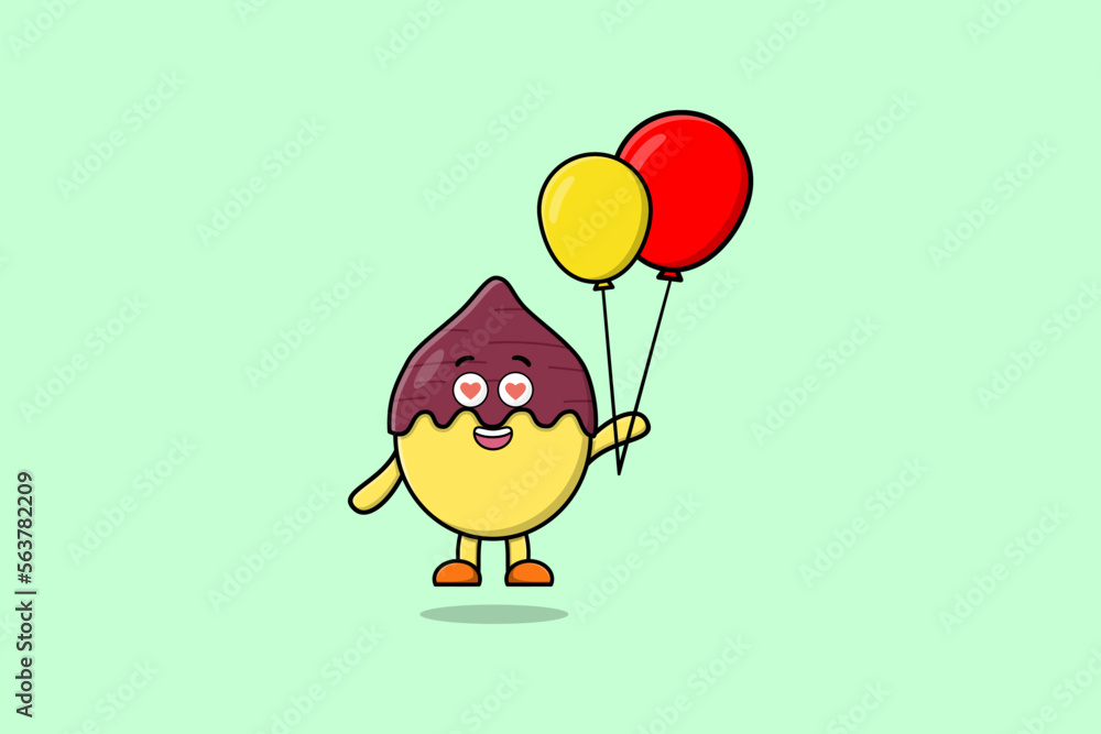 Fototapeta premium Cute cartoon Sweet potato floating with balloon cartoon vector illustration flat cartoon style