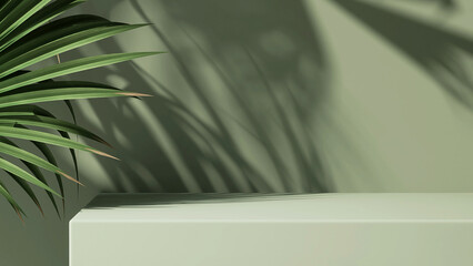 Modern minimal empty matte green counter table top, bamboo palm tree in sunlight, leaf shadow on green wall background for luxury organic cosmetic, skin care, beauty treatment product display 3D