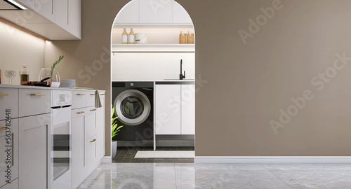 Fotografie Blank beige brown wall with arch doorway to laundry room, modern design kitchen