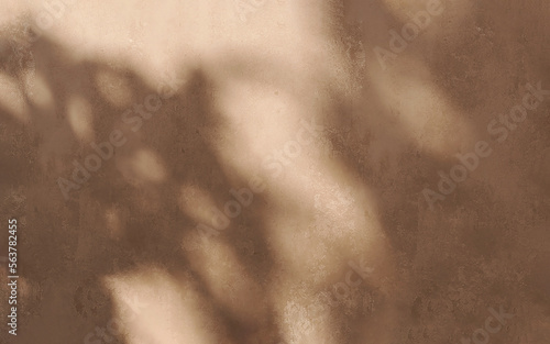 Close up of soft and beautiful foliage dappled light of tropical tree leaf shadow on grunge clay dark brown wall for luxury product display, interior design decoration background 3D