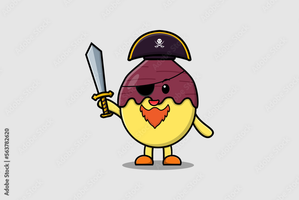 Naklejka premium Cute cartoon mascot character Sweet potato pirate with hat and holding sword in modern design