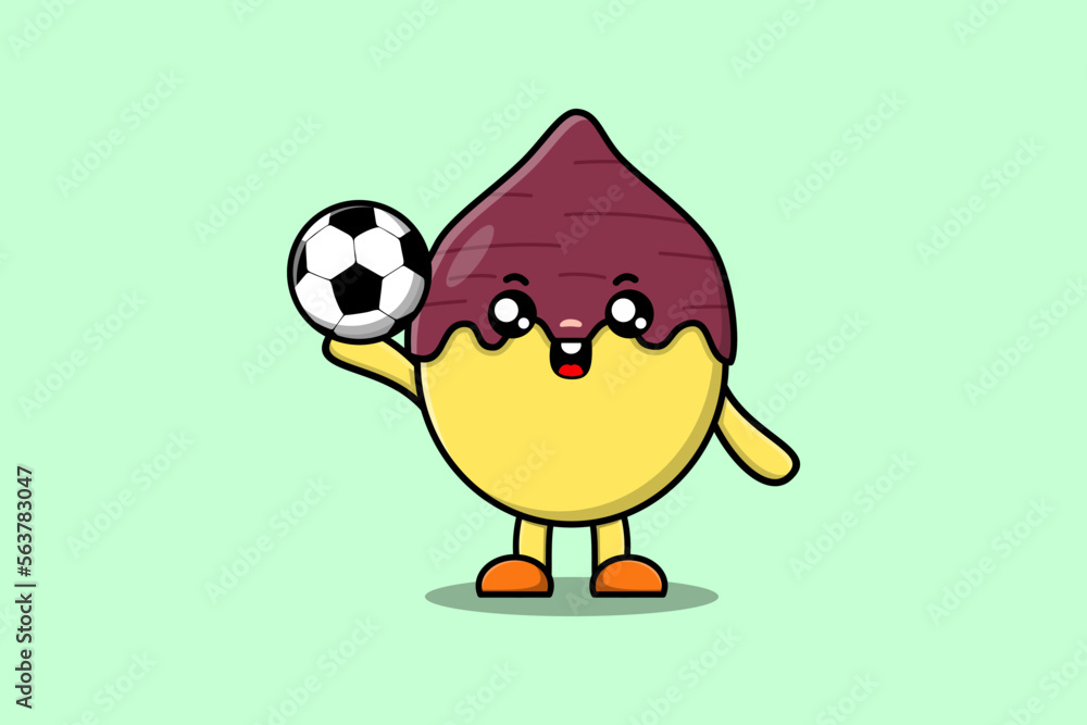Cute cartoon Sweet potato character playing football in flat cartoon style illustration