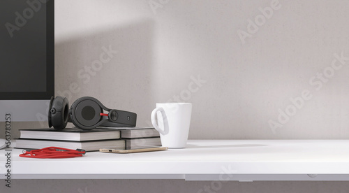 Modern, minimal white working desk with computer desktop, books, headphone, smartphone and coffee cup in bedroom in sunlight from window on blank wall for luxury lifestyle product display 3D