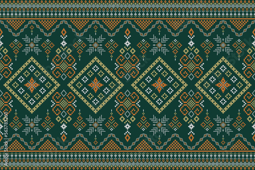 Green Cross stitch colorful geometric traditional ethnic pattern Ikat seamless pattern border abstract design for fabric print cloth dress carpet curtains and sarong Aztec African Indian Indonesian 