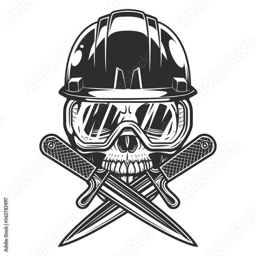 New construction builder skull in hard hat with crossed knife and safety glasses from business remodeling house vintage style illustration